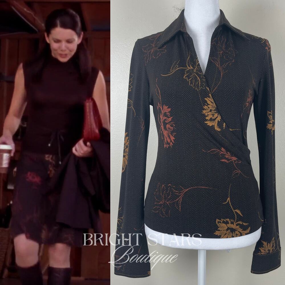 Rare Wrap Top Alt ASO Lorelai Gilmore Girls Vintage Brown Floral V Neck
